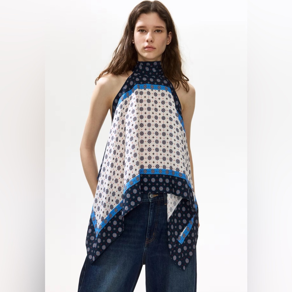H&M NWT PATTERNED SATIN HALTERNECK TOP SIZE SMALL